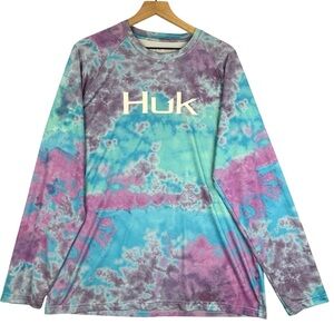 Huk Fishing Shirt Mens Large Blue Purple Tie Dye Pursuit Performance Stretch